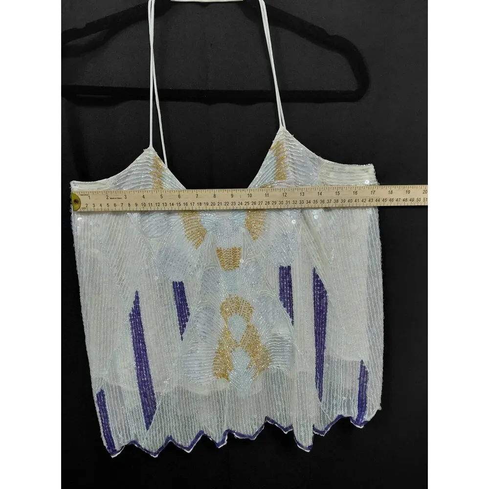 Free People Sequin Beaded Halter Top White Nylon Sleeveless Women Size L - Picture 8 of 8